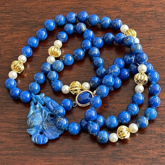 Natural lapis lazuli freshwater pearl necklace with rose gold clasp - Picture 8 of 10